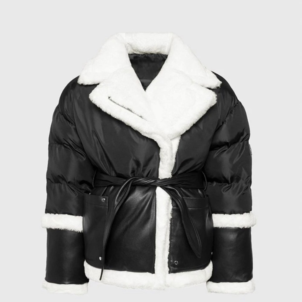 Black Belted Faux Shearling Collar Puffer